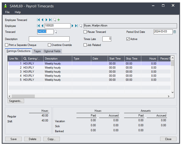 entries in sage 300 payroll time cards